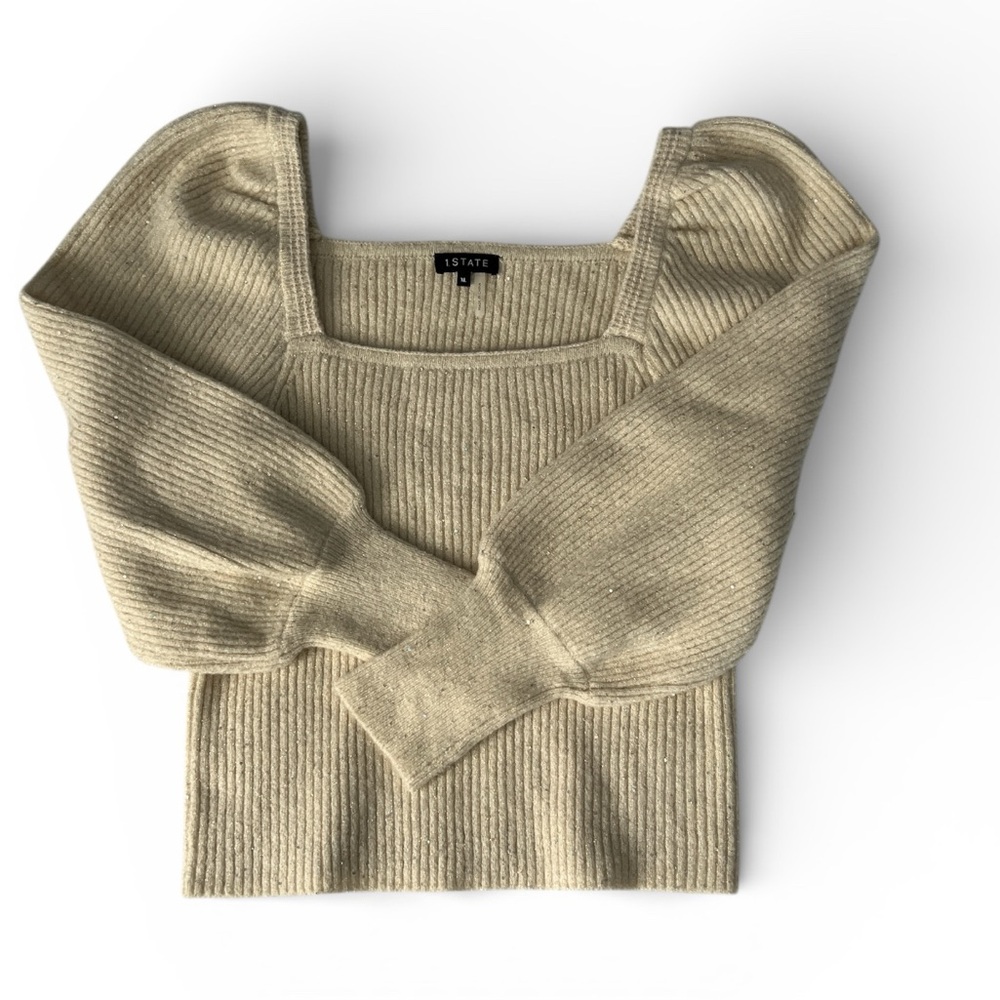 1. State Light Square Neck Sweater XL Voluminous Sleeves and Textured Knit NWT